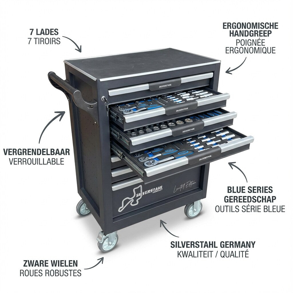 Silverstahl 266-piece Sturdy Tool Trolley with 7 Drawers with Tools – Lockable – Workshop Trolley